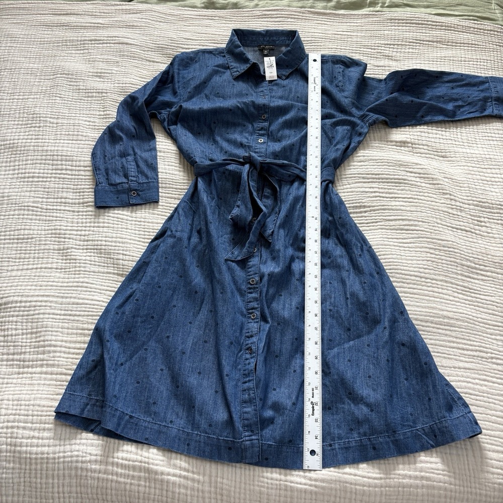 Talbots Denim Polka Dot Belted shirt dress Chambray button front midi blue‎ 10 P - Picture 9 of 10